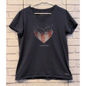 NWTLife Is Good Women's Size S Crusher T-Shirt Blue Red White Heart Stars VNeck